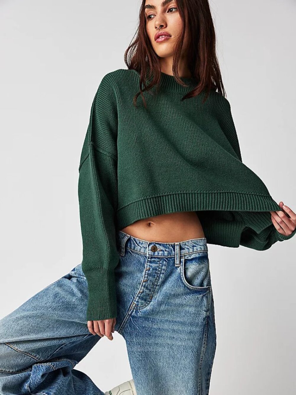 ☀️ Free People Easy Street Crop Ribbed Knit Sweater Large Green